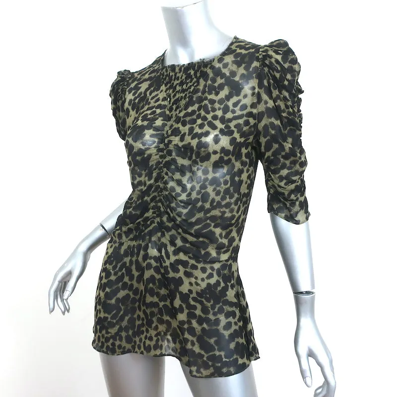 Isabel Marant Etoile Blouse Ruched Caja Imprimé Léopard Olive Taille 38 Manches Courtes