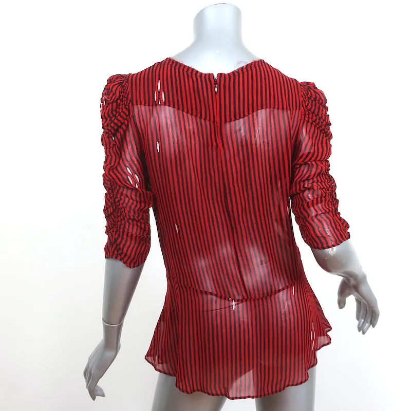 Isabel Marant Etoile Blouse Ruched Caja Rouge Rayée Chiffon Taille 40 Manches Courtes