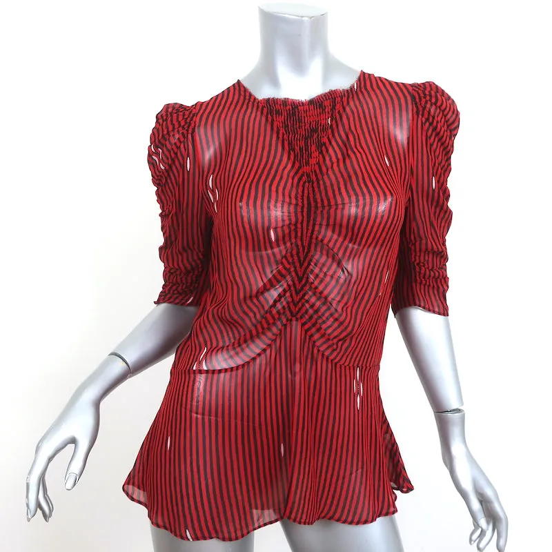 Isabel Marant Etoile Blouse Ruched Caja Rouge Rayée Chiffon Taille 40 Manches Courtes