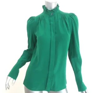 Isabel Marant Lamia Ruffle Neck Shirt Green Silk Size 34 Long Sleeve Blouse