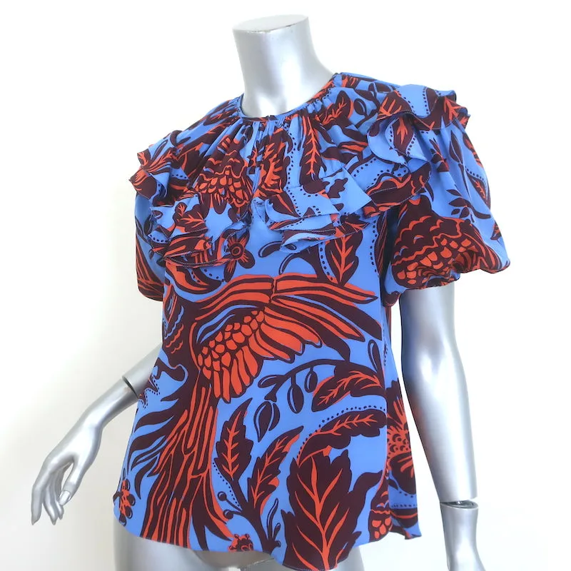 Johanna Ortiz Top Monde Invisible Bleu Imprimé en Soie Taille 4 Blouse à Manches Courtes