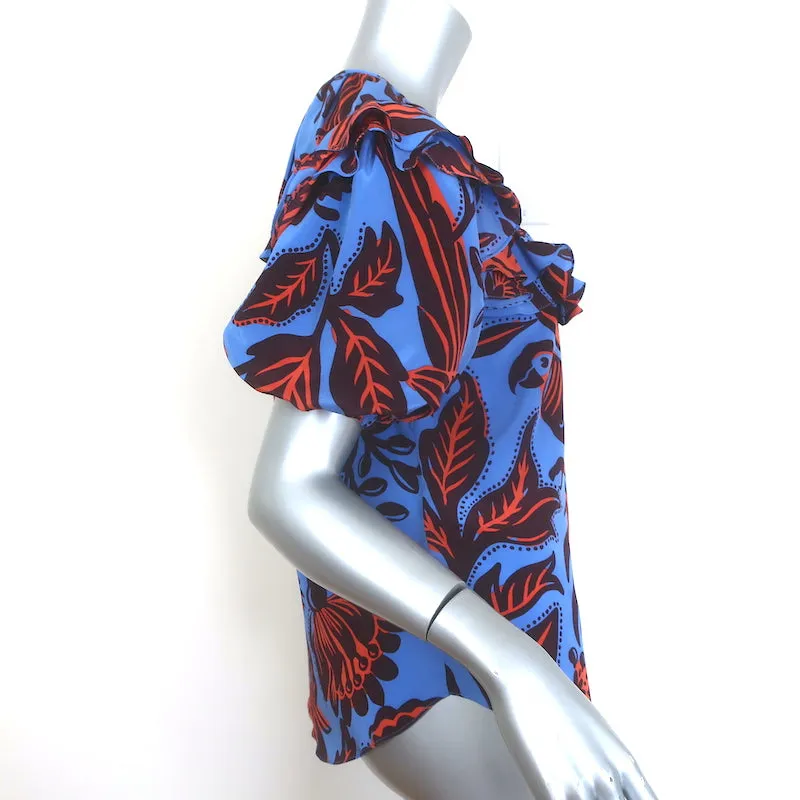 Johanna Ortiz Top Monde Invisible Bleu Imprimé en Soie Taille 4 Blouse à Manches Courtes