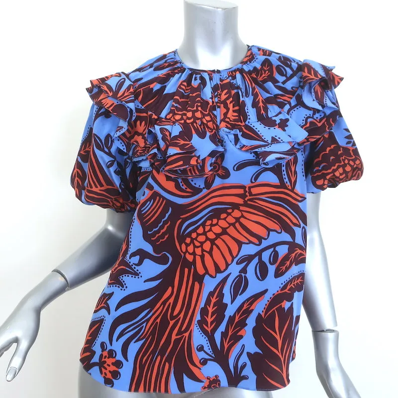 Johanna Ortiz Top Monde Invisible Bleu Imprimé en Soie Taille 4 Blouse à Manches Courtes