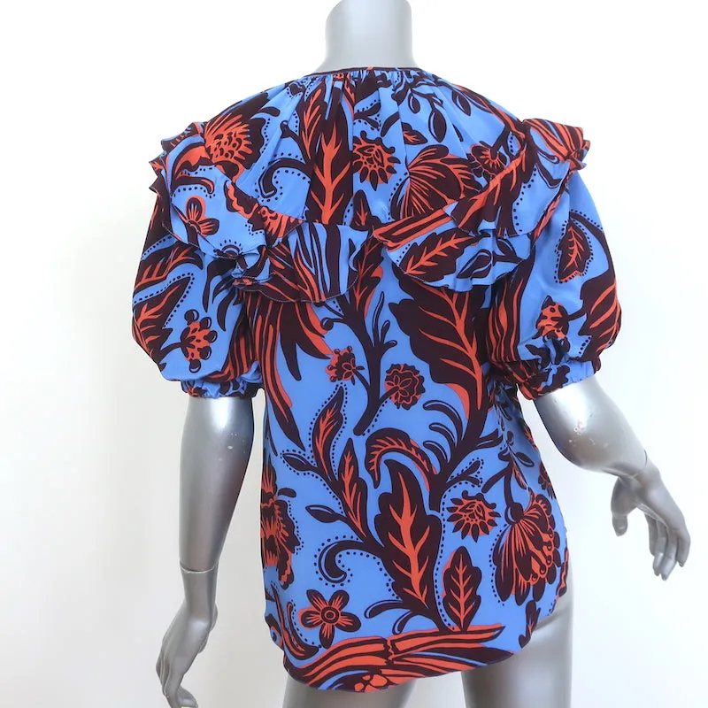 Johanna Ortiz Top Monde Invisible Bleu Imprimé en Soie Taille 4 Blouse à Manches Courtes