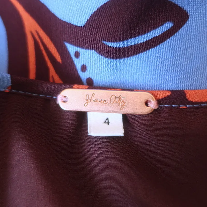 Johanna Ortiz Top Monde Invisible Bleu Imprimé en Soie Taille 4 Blouse à Manches Courtes