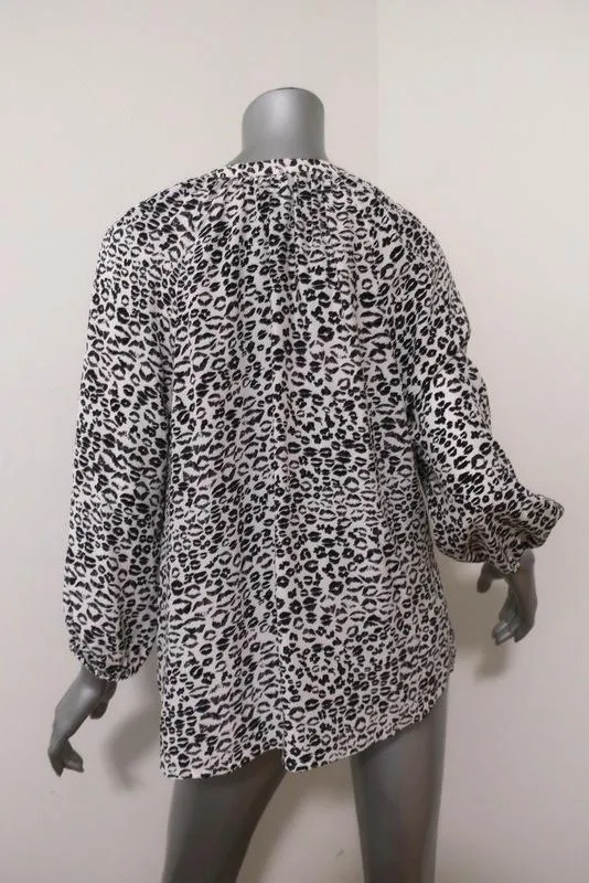 Joie Blouse Addie B Blanc/Noir Imprimé Léopard Soie Taille Moyenne Haut à Manches 3/4