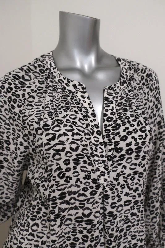 Joie Blouse Addie B Blanc/Noir Imprimé Léopard Soie Taille Moyenne Haut à Manches 3/4