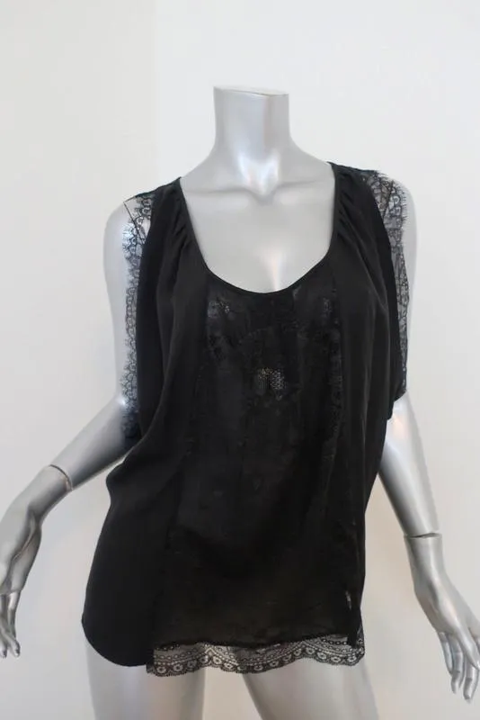 Joie Blouse Versailles Noir Dentelle Panneaux Soie Taille Moyen Haut Sans Manches