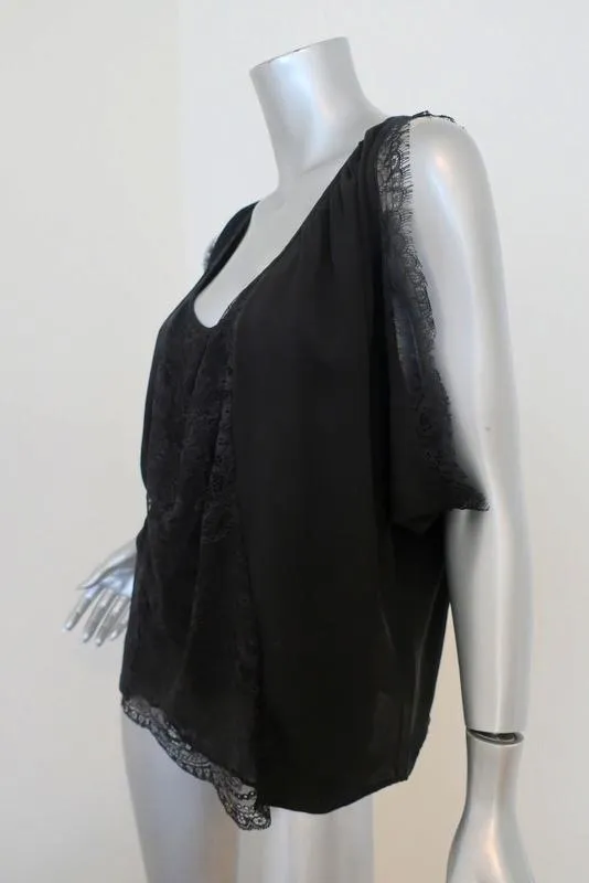 Joie Blouse Versailles Noir Dentelle Panneaux Soie Taille Moyen Haut Sans Manches