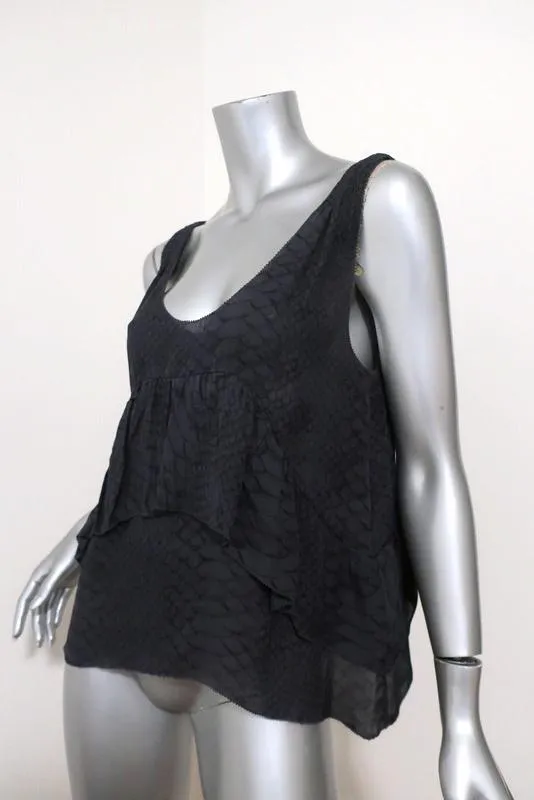Joie Top Bessie Gris Foncé Imitation Peau de Serpent Soie Taille Petite Débardeur à Volants