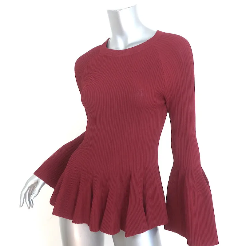 Jonathan Simkhai Haut à empiècement peplum manches cloche en jersey côtelé couleur cabernet taille S