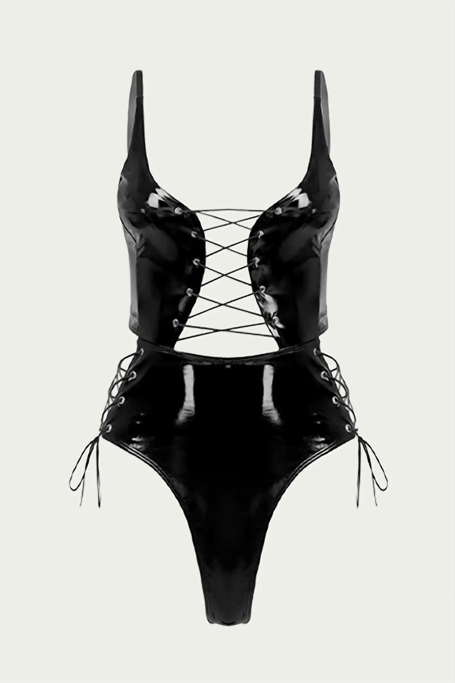 Combinaison à lacets en cuir verni noir