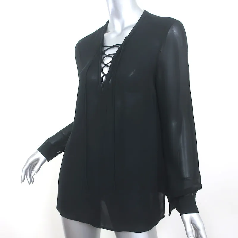 Blouse Lacet Ynez en Soie Noire Taille Moyenne Haut à Manches Longues