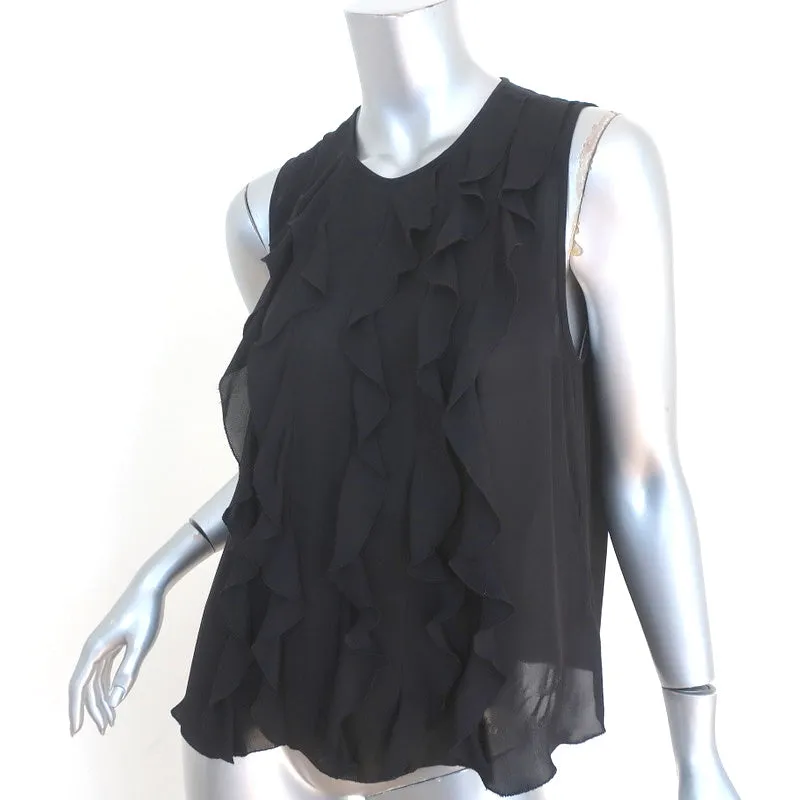 L'Agence Ruffle Blouse Lisette Top Sans Manches en Soie Noire Taille Moyenne