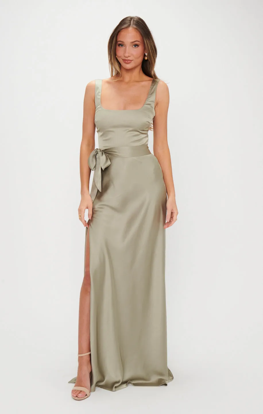 Robe longue Lana ~ Satin luxe vert mousse