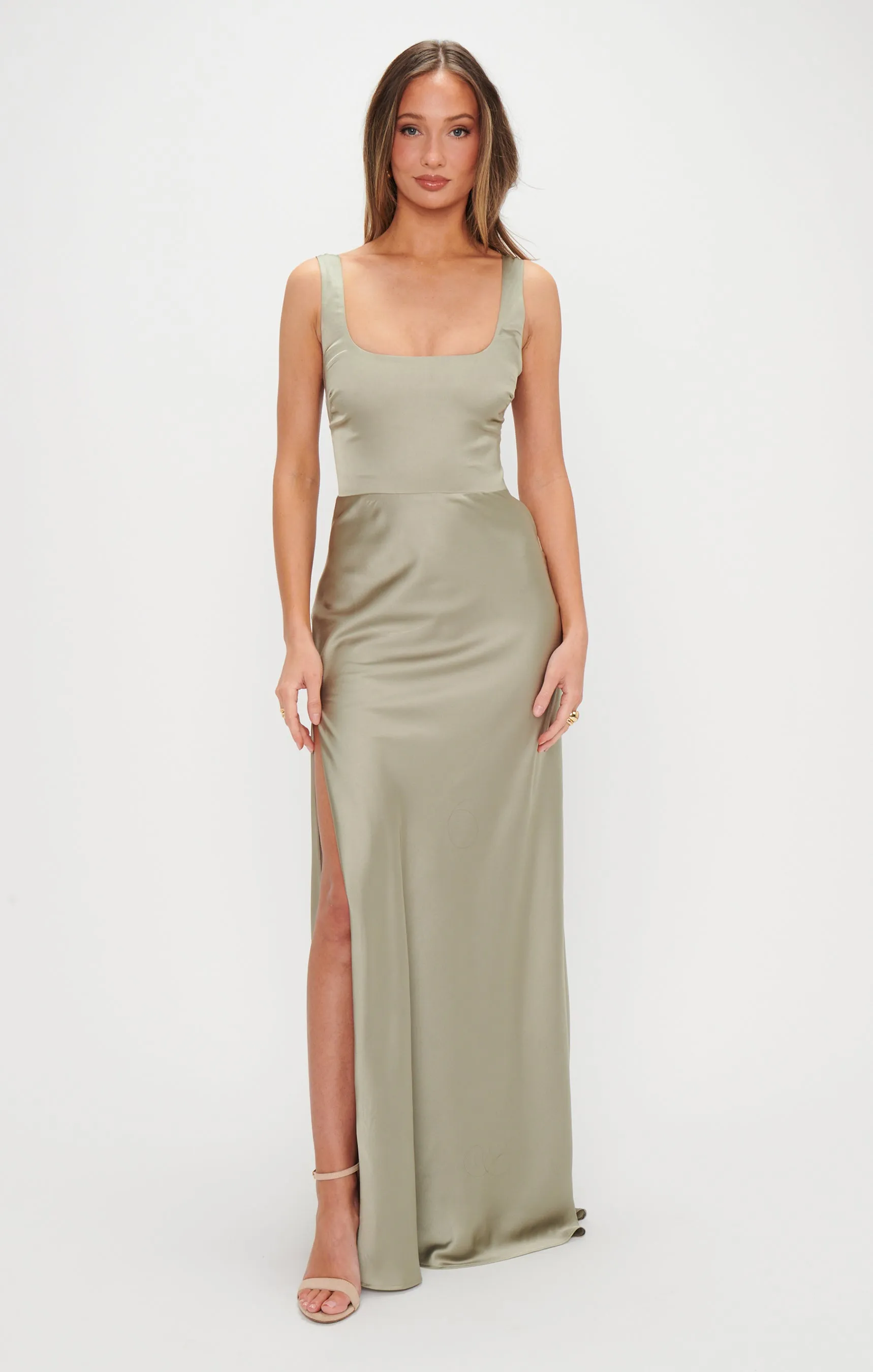 Robe longue Lana ~ Satin luxe vert mousse