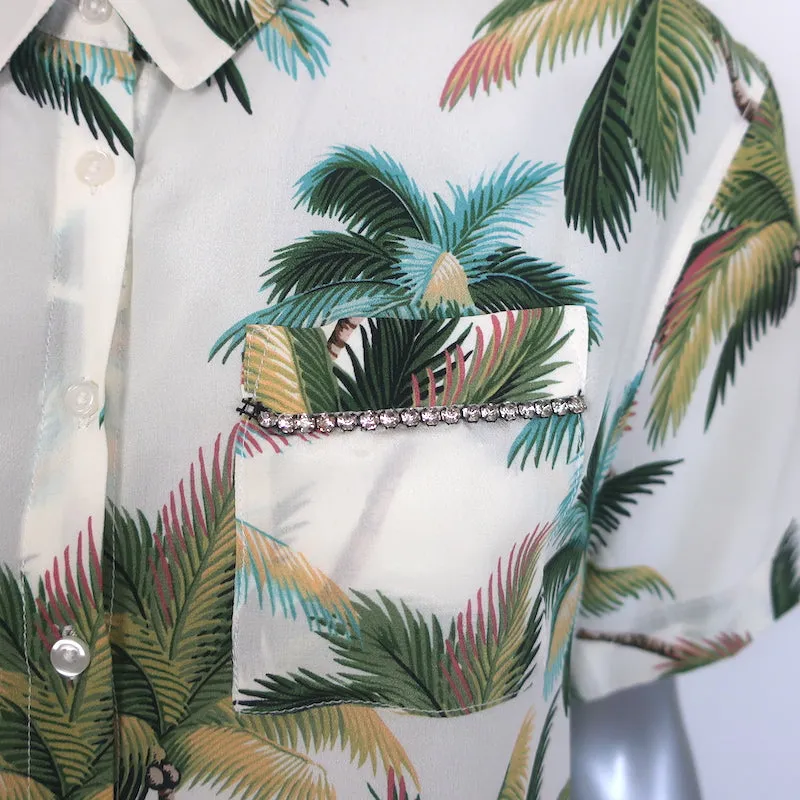 Le Superbe Club Tropicana Chemise en Soie à Détails Cristallins avec Imprimé Palmier Taille 0