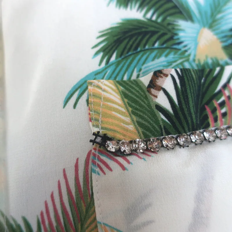 Le Superbe Club Tropicana Chemise en Soie à Détails Cristallins avec Imprimé Palmier Taille 0
