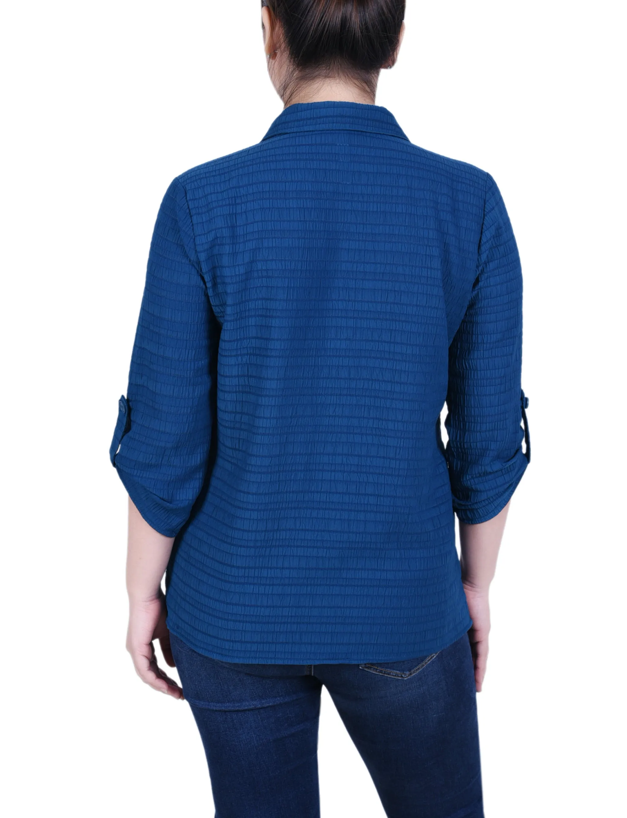 Blouse en Jacquard à Manches Longues avec Boutonnière Enroulée