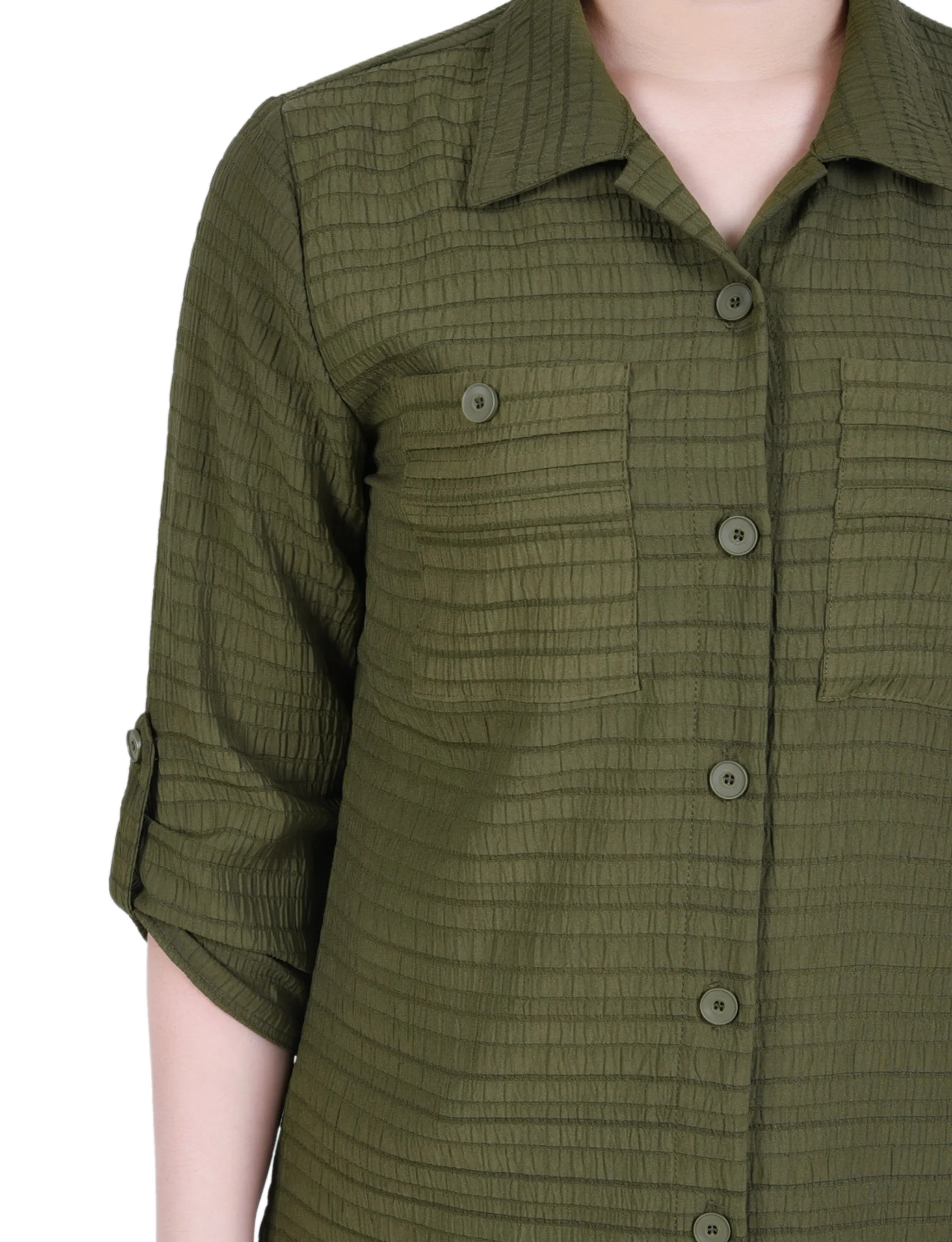 Blouse en Jacquard à Manches Longues avec Boutonnière Enroulée