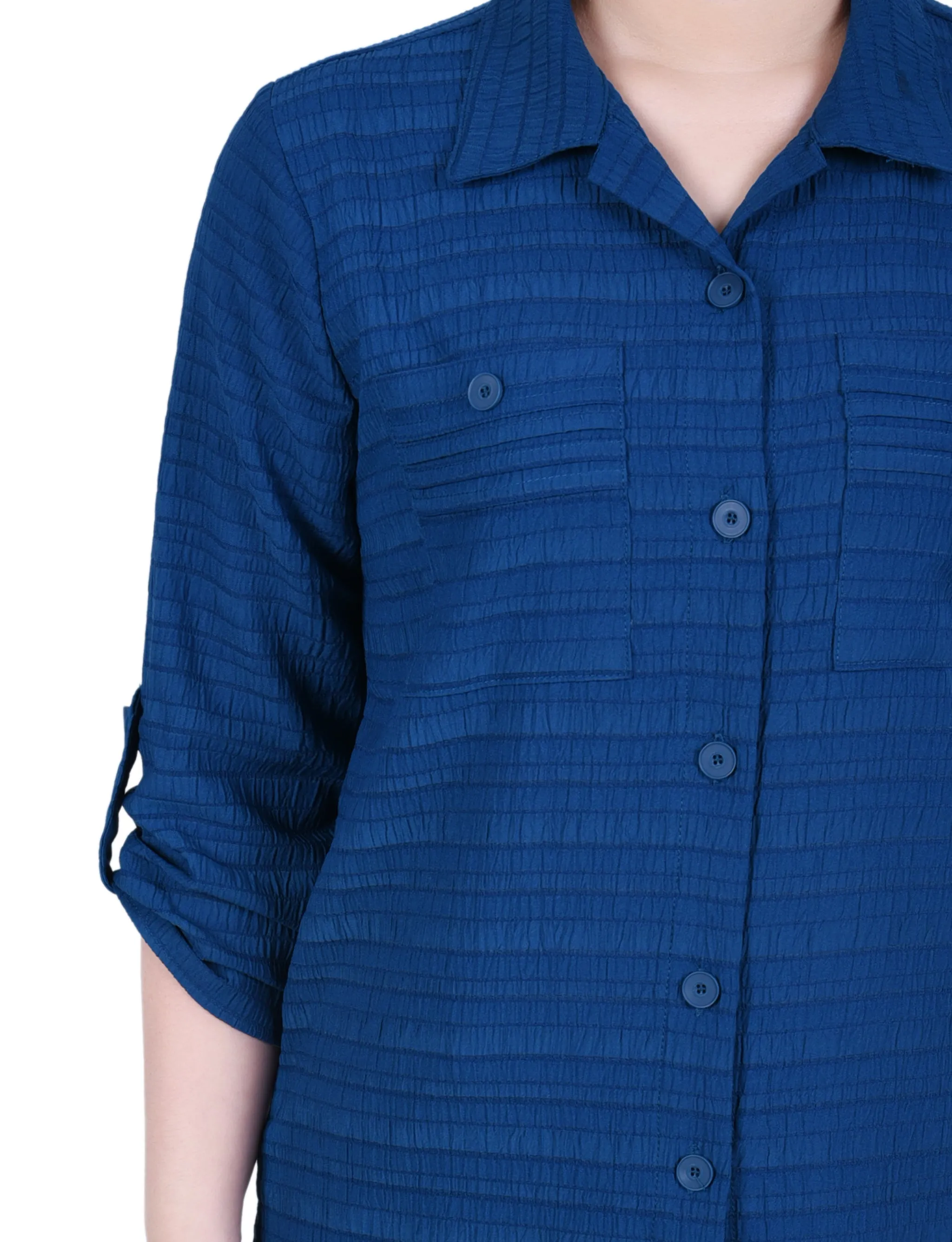 Blouse en Jacquard à Manches Longues avec Boutonnière Enroulée