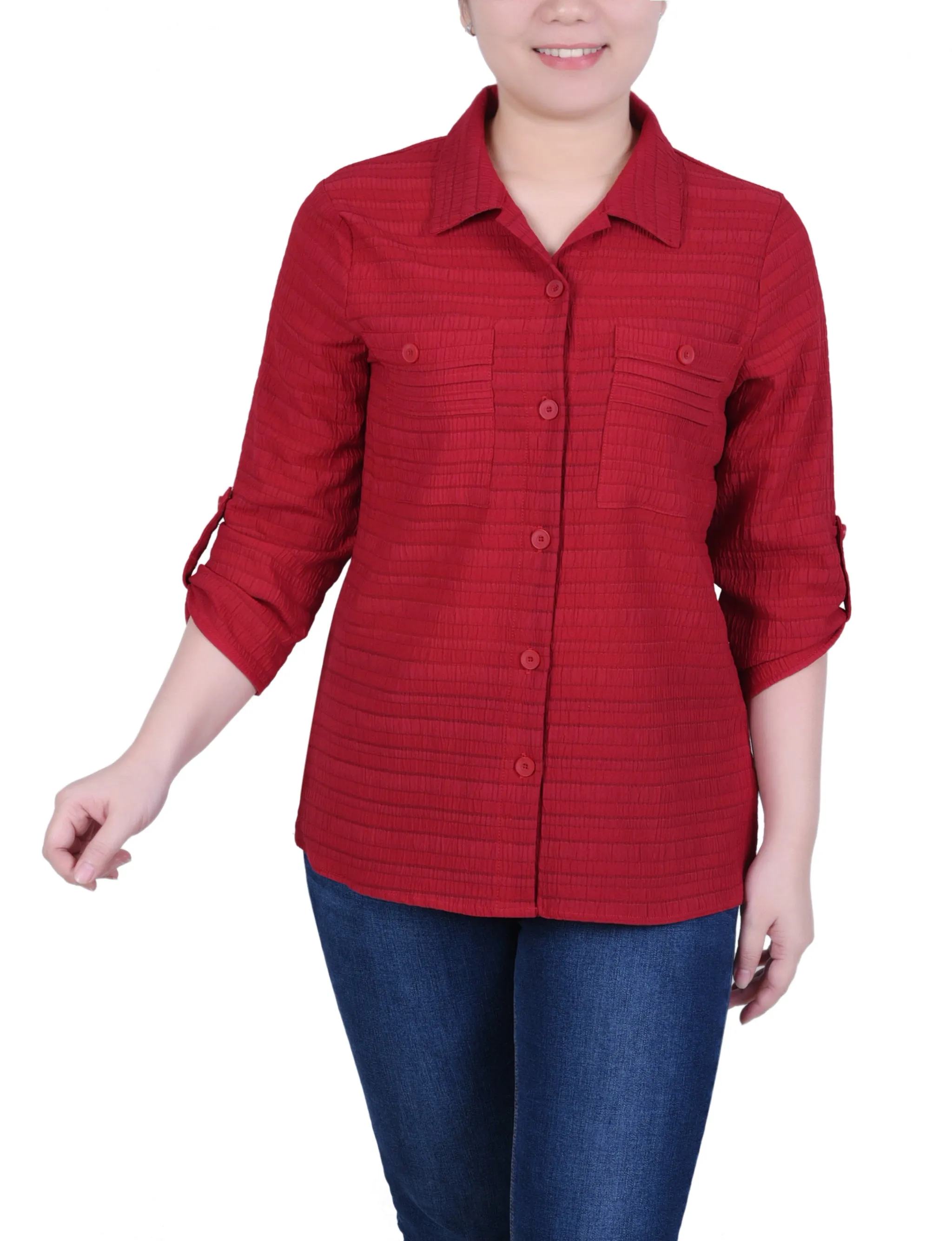 Blouse en Jacquard à Manches Longues avec Boutonnière Enroulée