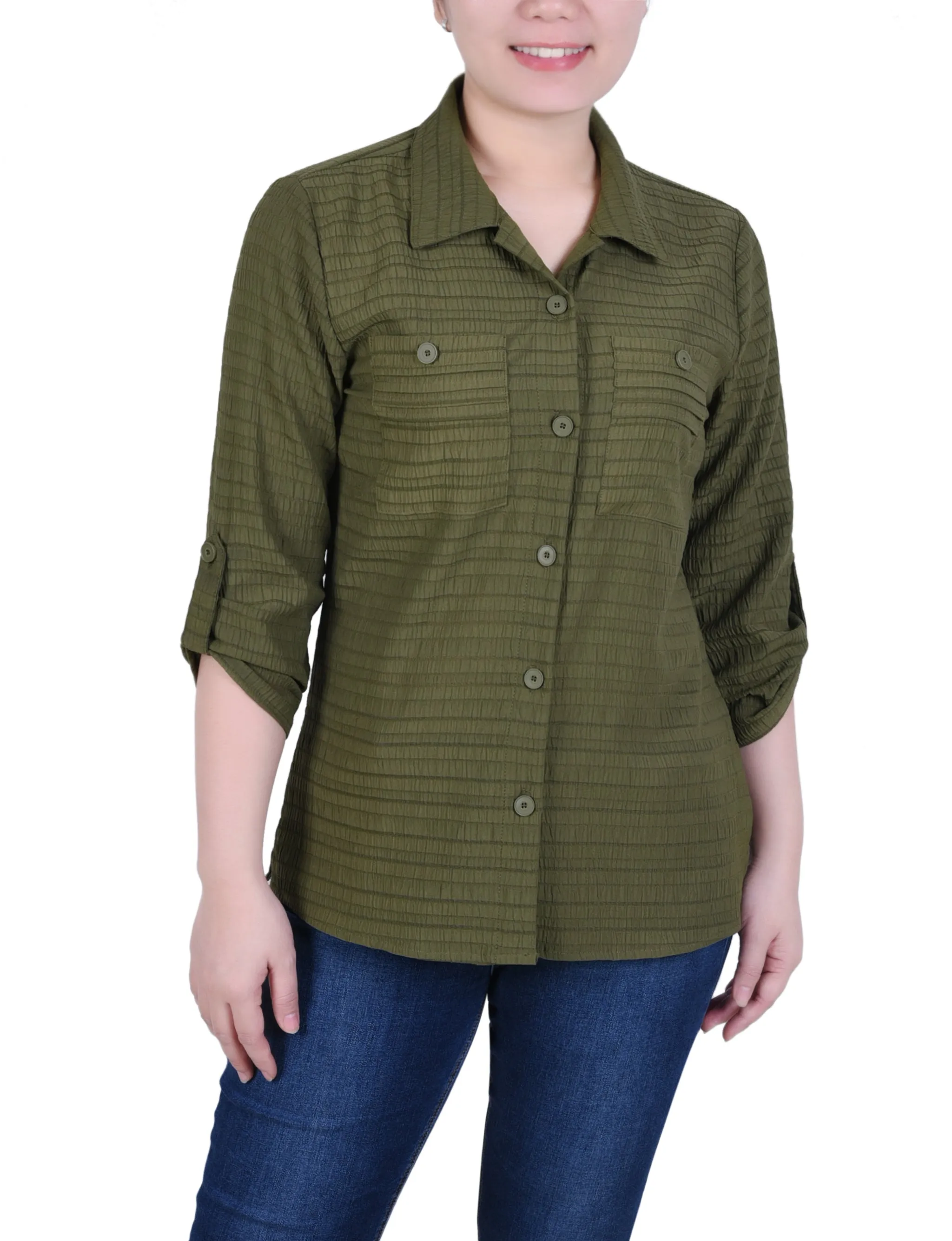 Blouse en Jacquard à Manches Longues avec Boutonnière Enroulée