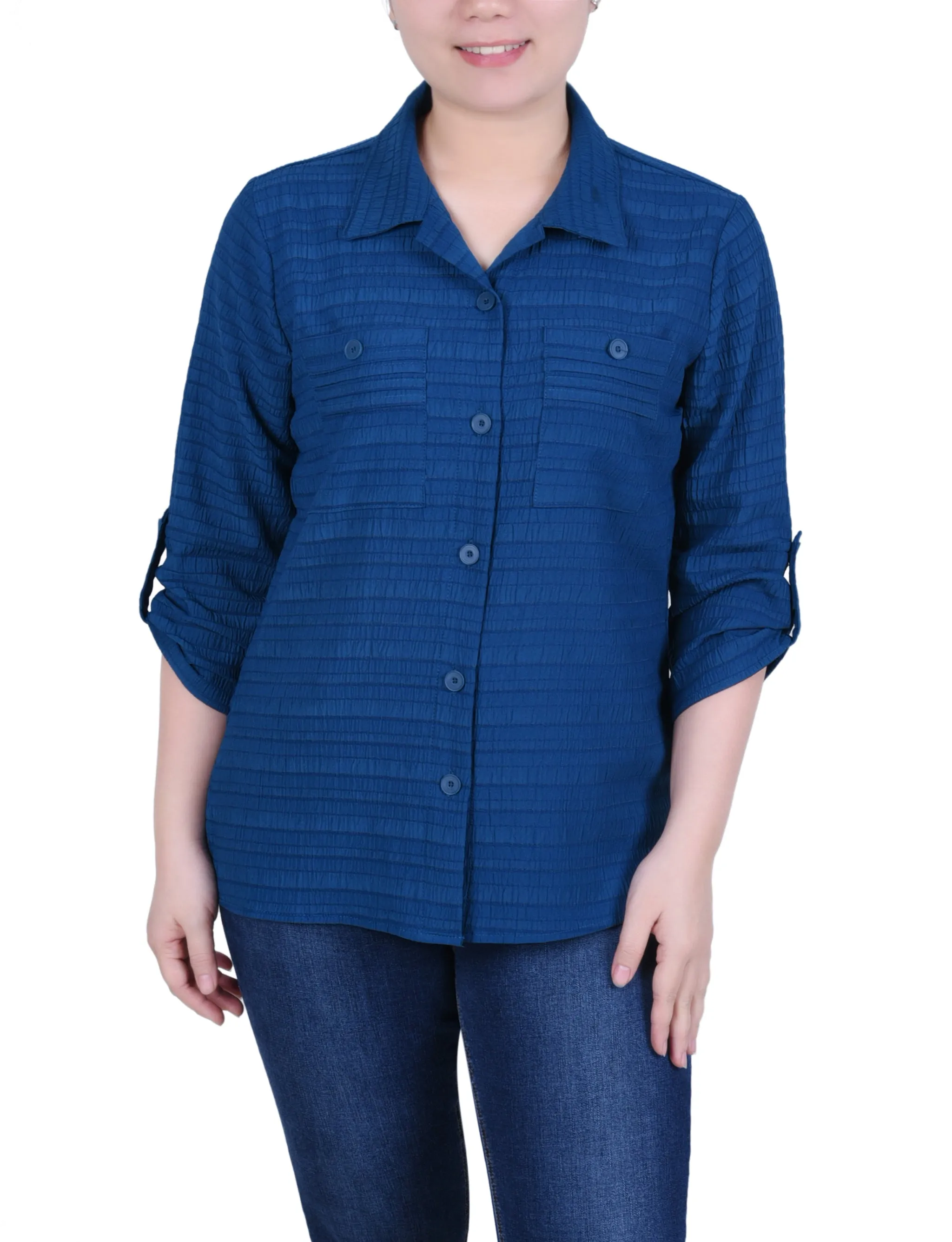 Blouse en Jacquard à Manches Longues avec Boutonnière Enroulée