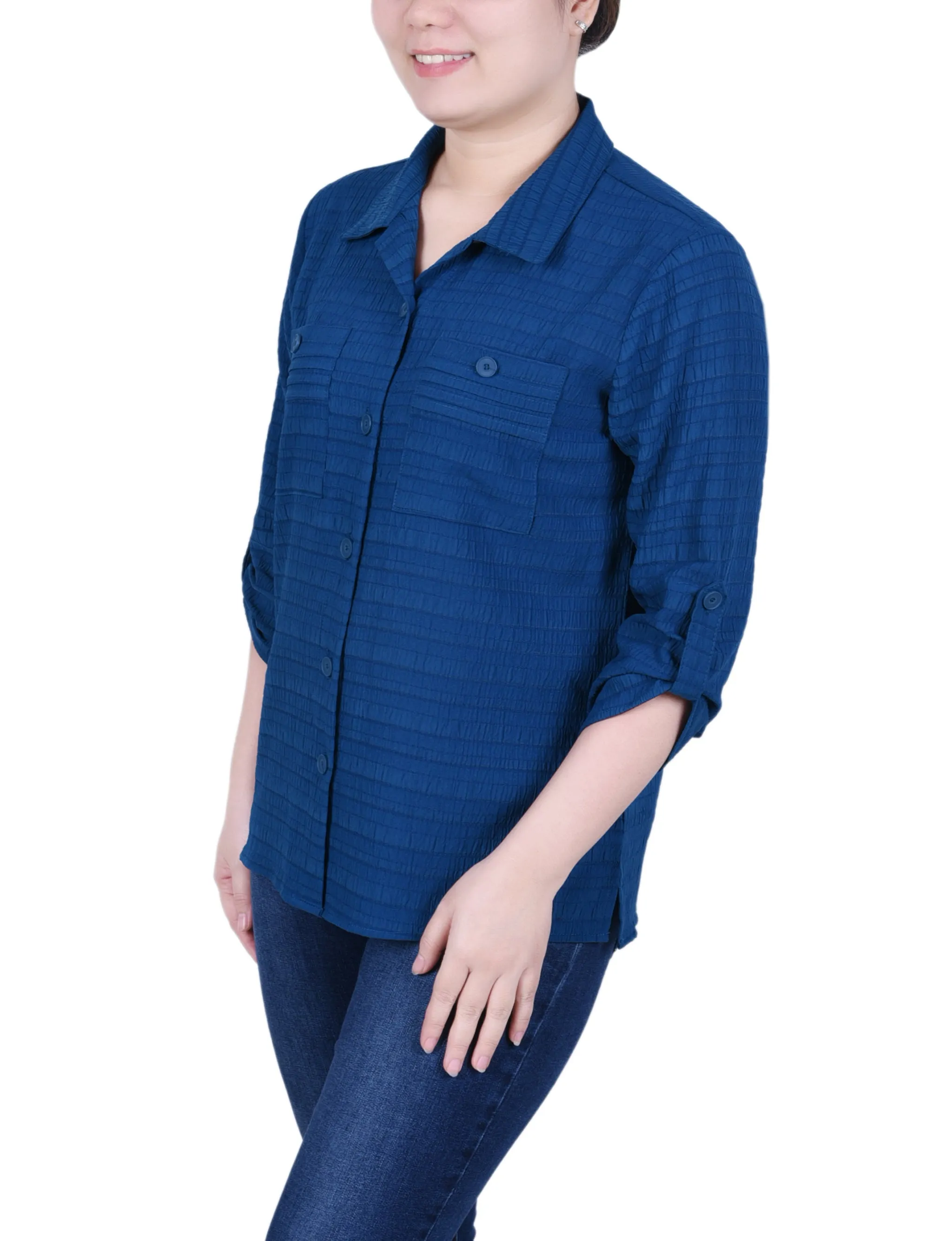 Blouse en Jacquard à Manches Longues avec Boutonnière Enroulée