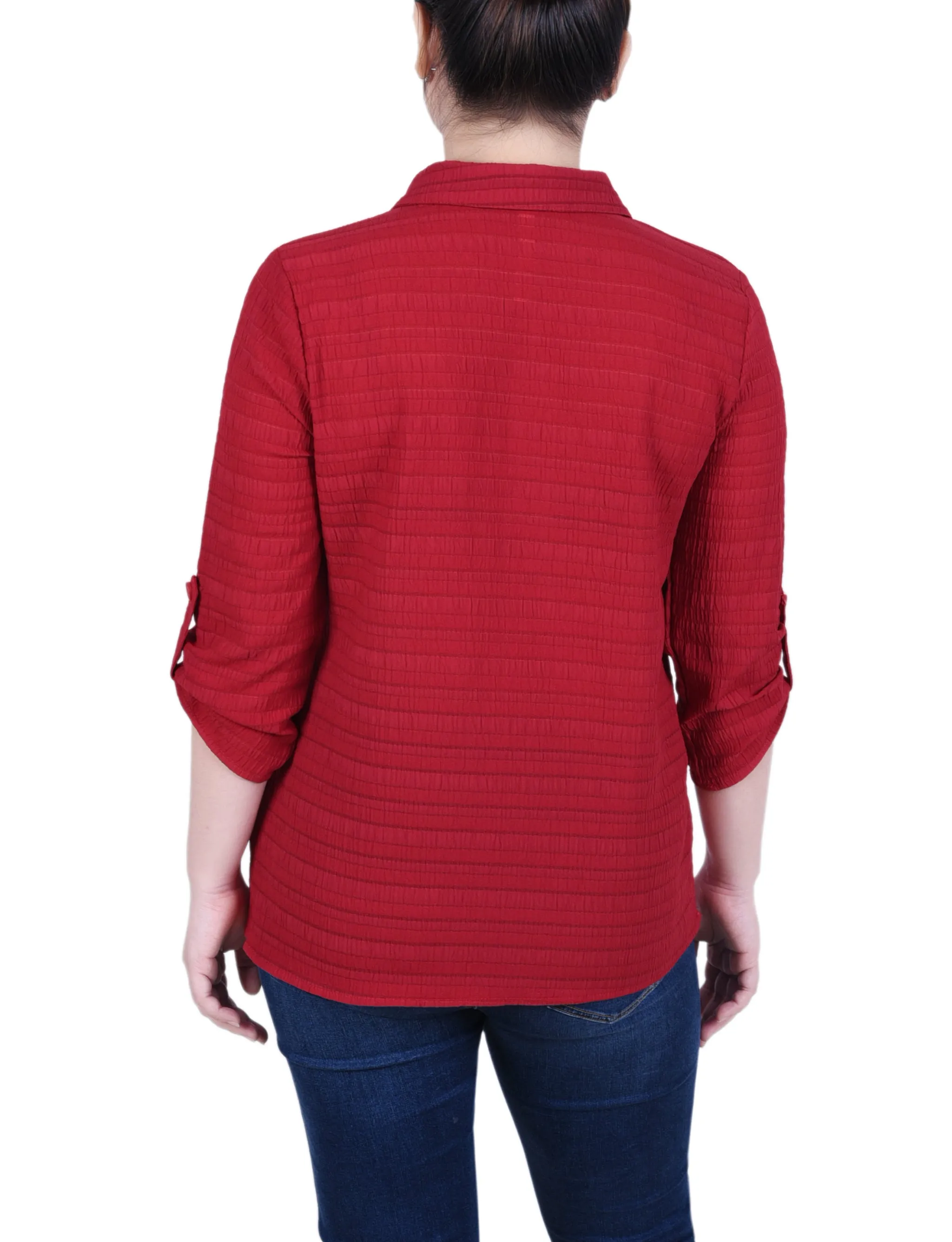 Blouse en Jacquard à Manches Longues avec Boutonnière Enroulée