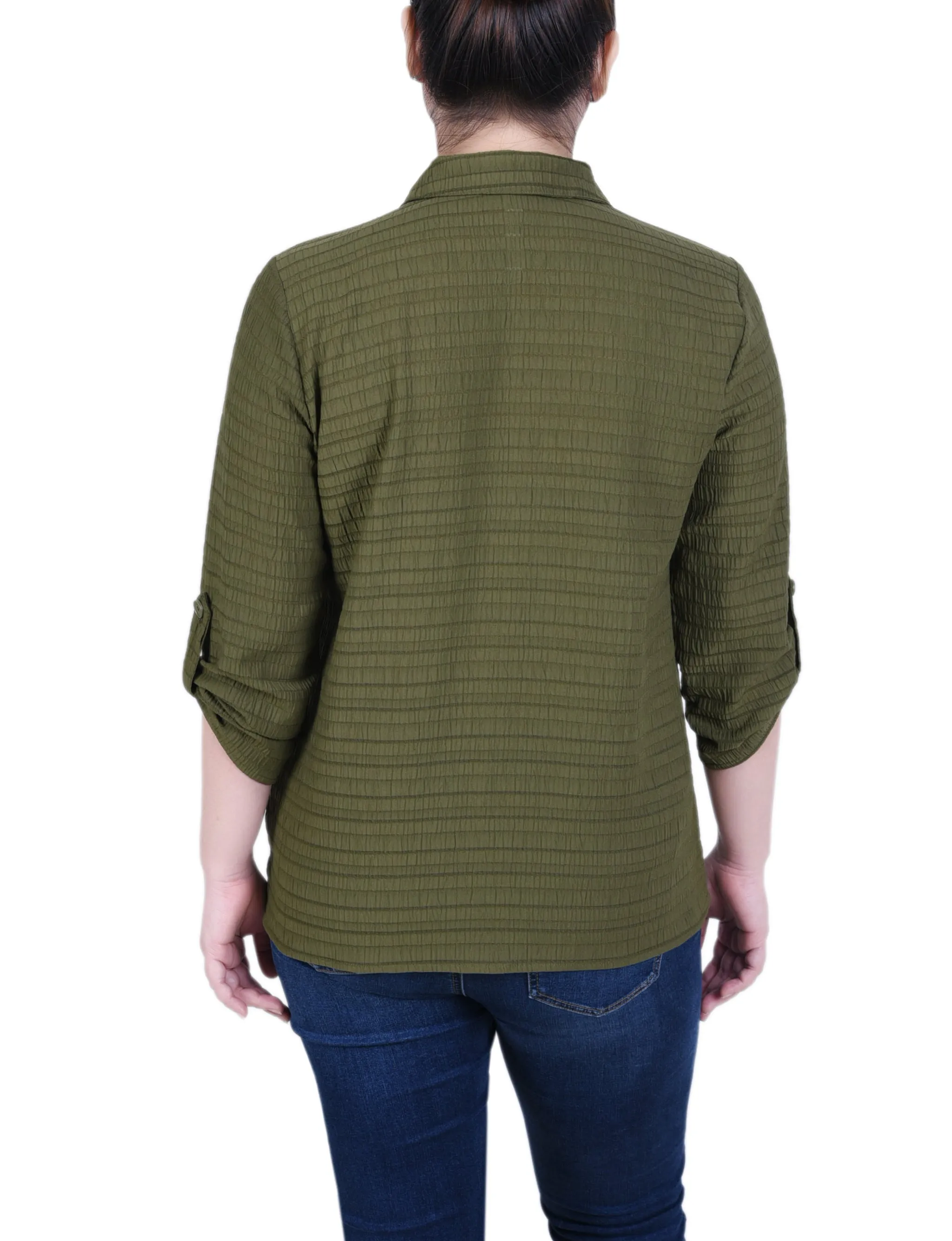 Blouse en Jacquard à Manches Longues avec Boutonnière Enroulée
