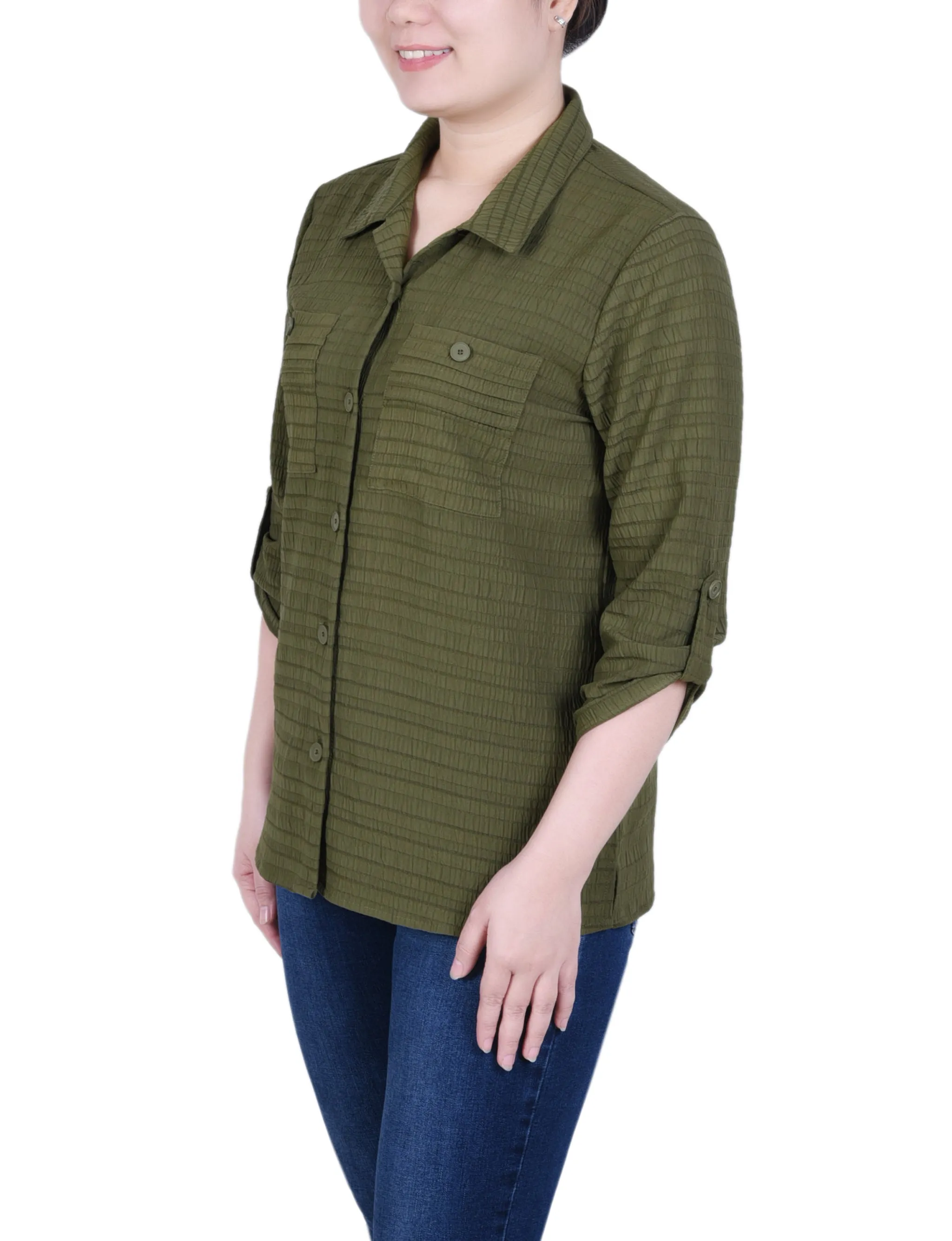 Blouse en Jacquard à Manches Longues avec Boutonnière Enroulée