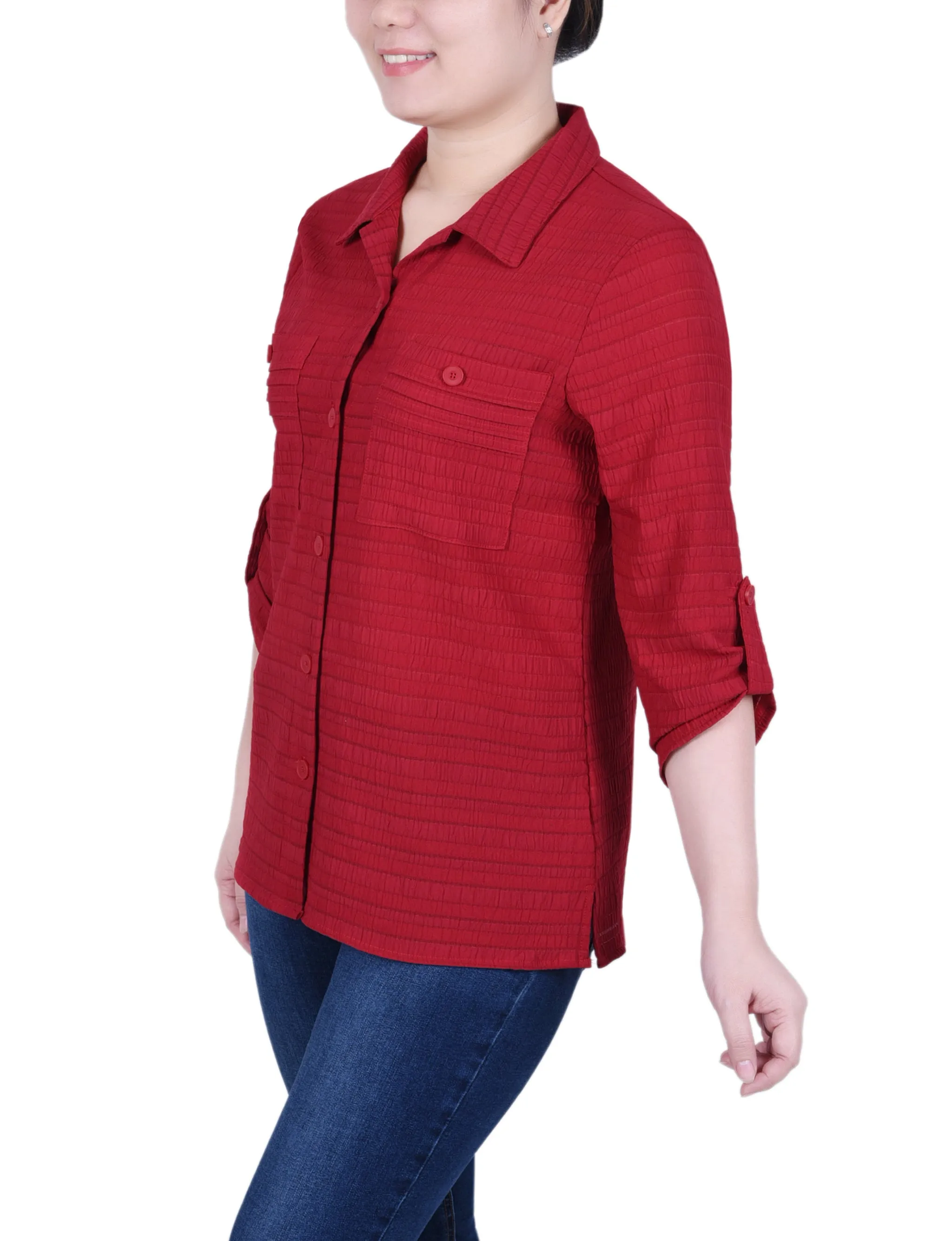 Blouse en Jacquard à Manches Longues avec Boutonnière Enroulée