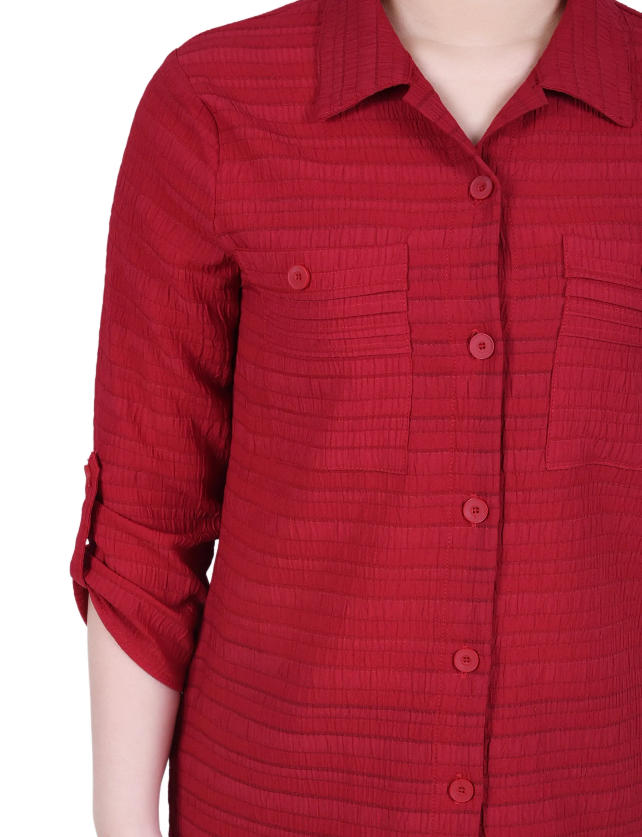 Blouse en Jacquard à Manches Longues avec Boutonnière Enroulée