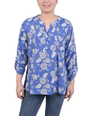 Long Roll Tab Sleeve Pintuck Front Blouse