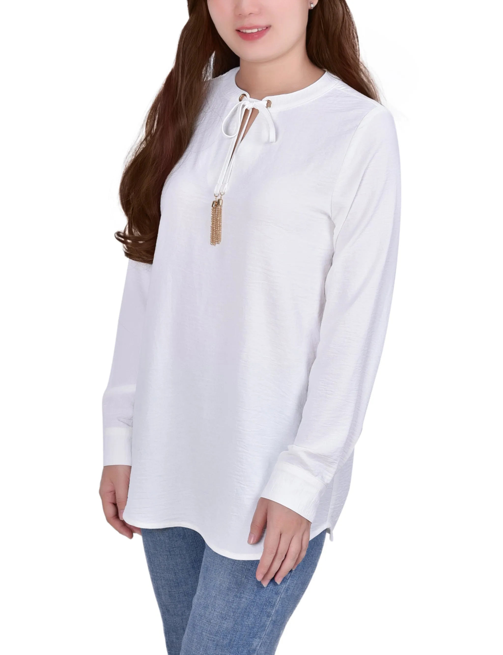 Blouse à col mandarin manches longues avec attaches à franges