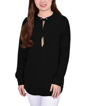 Long Sleeve Mandarin Collar Blouse With Tassel Ties