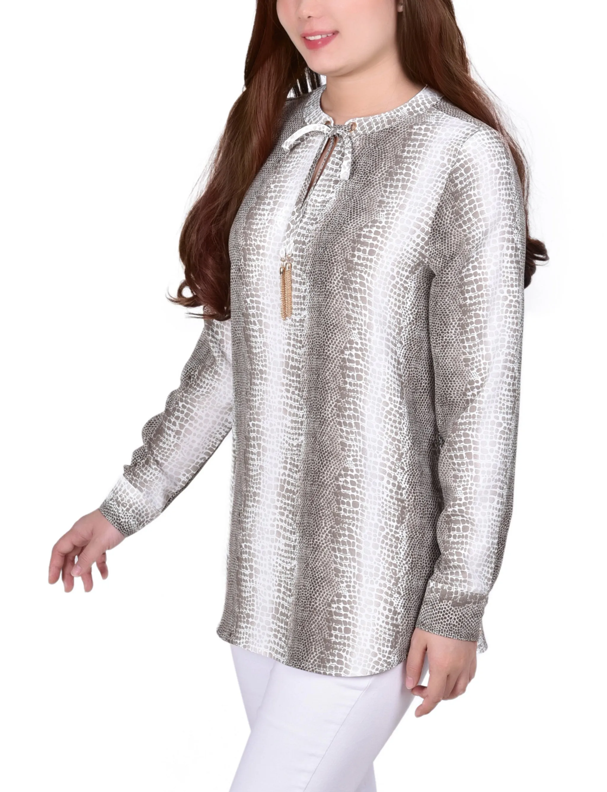 Blouse à col mandarin manches longues avec attaches à franges