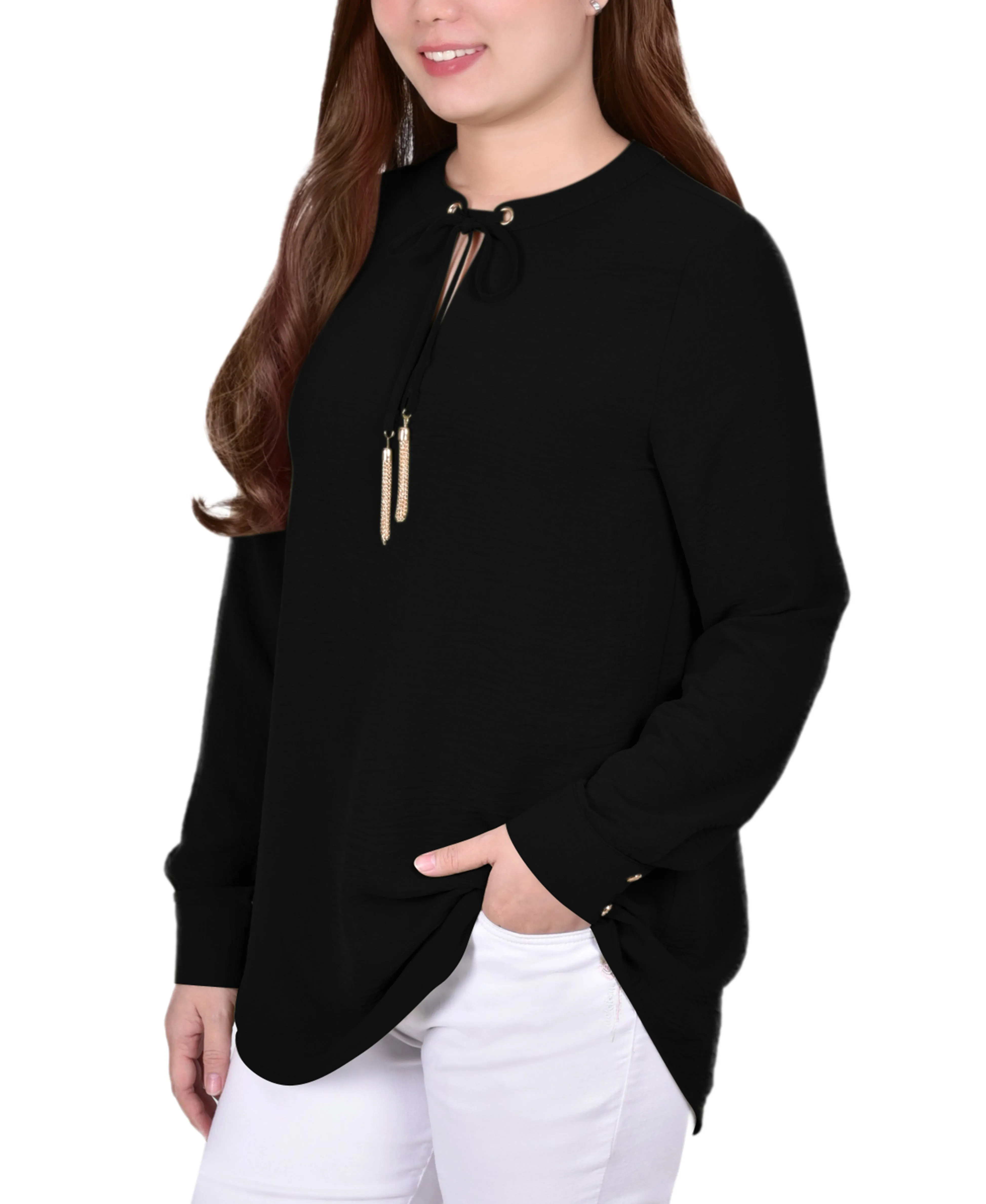 Blouse à col mandarin manches longues avec attaches à franges