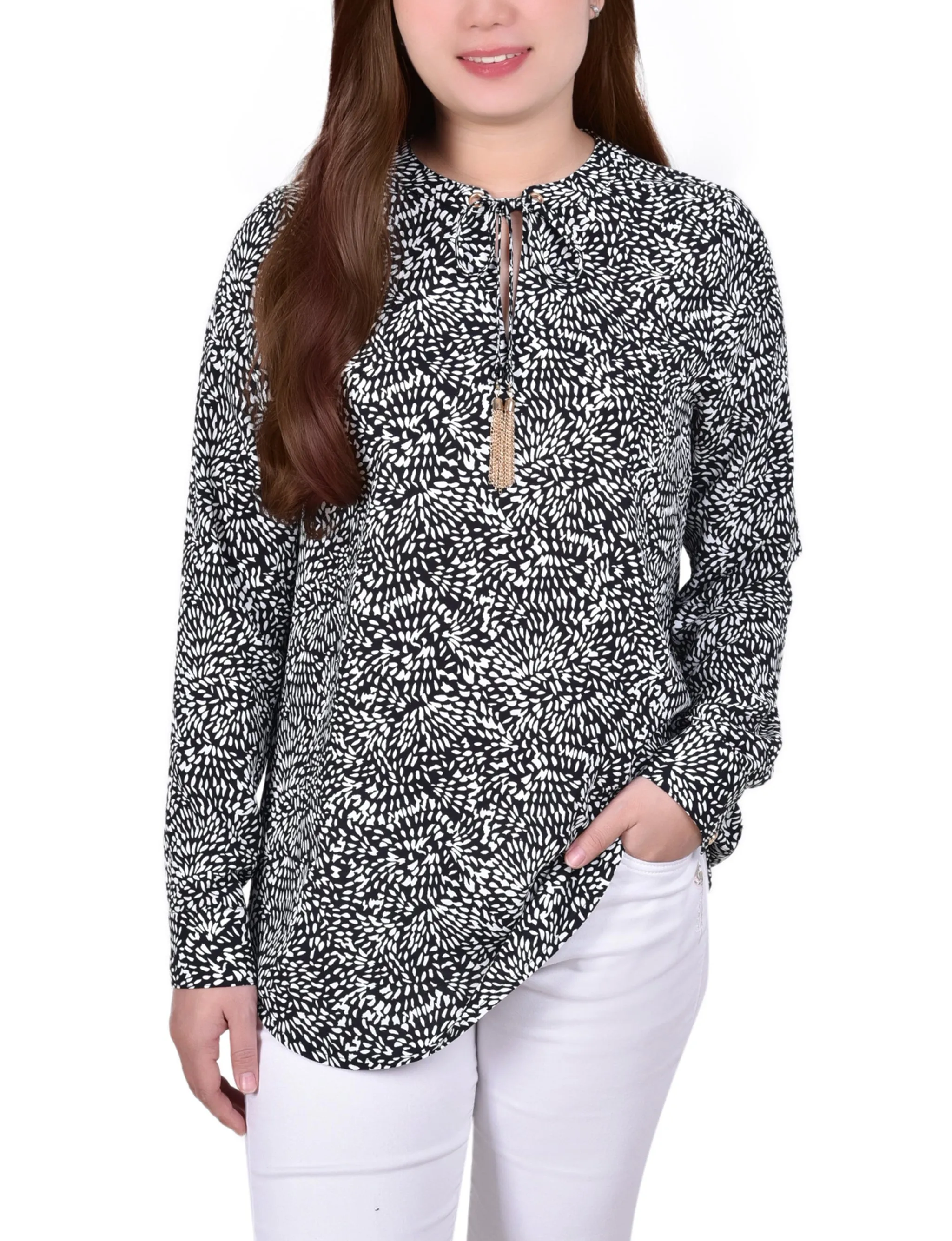 Blouse à col mandarin manches longues avec attaches à franges