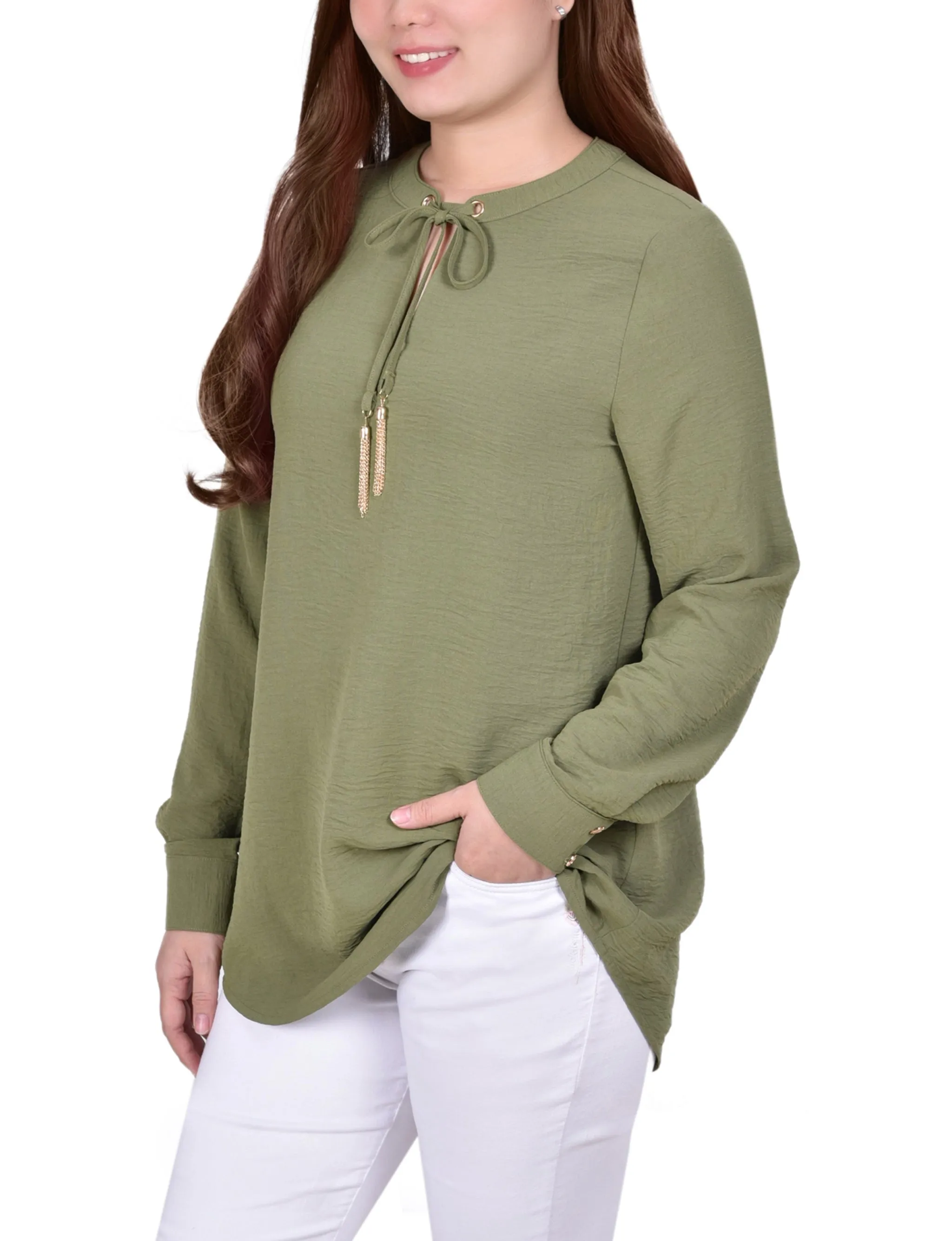 Blouse à col mandarin manches longues avec attaches à franges