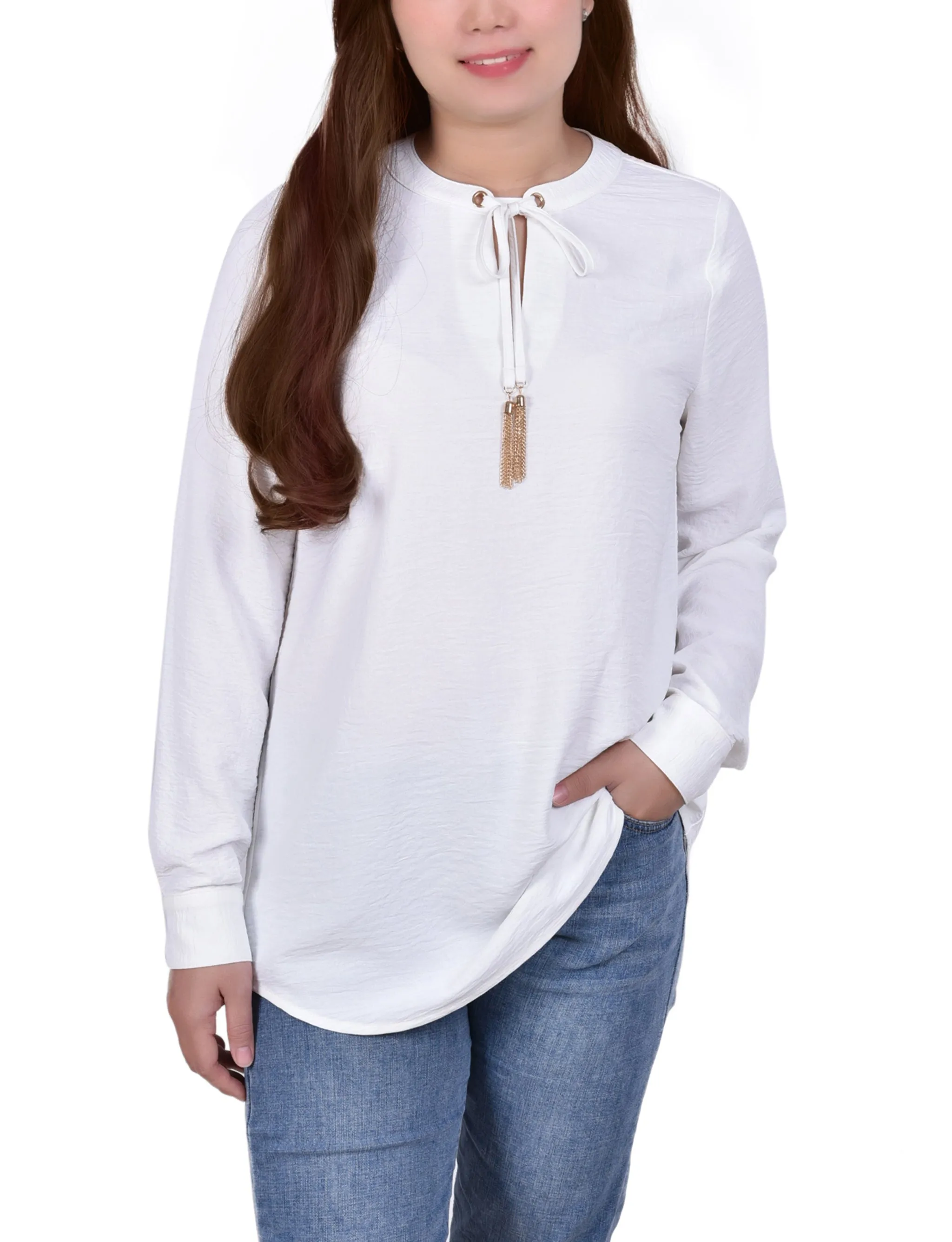 Blouse à col mandarin manches longues avec attaches à franges
