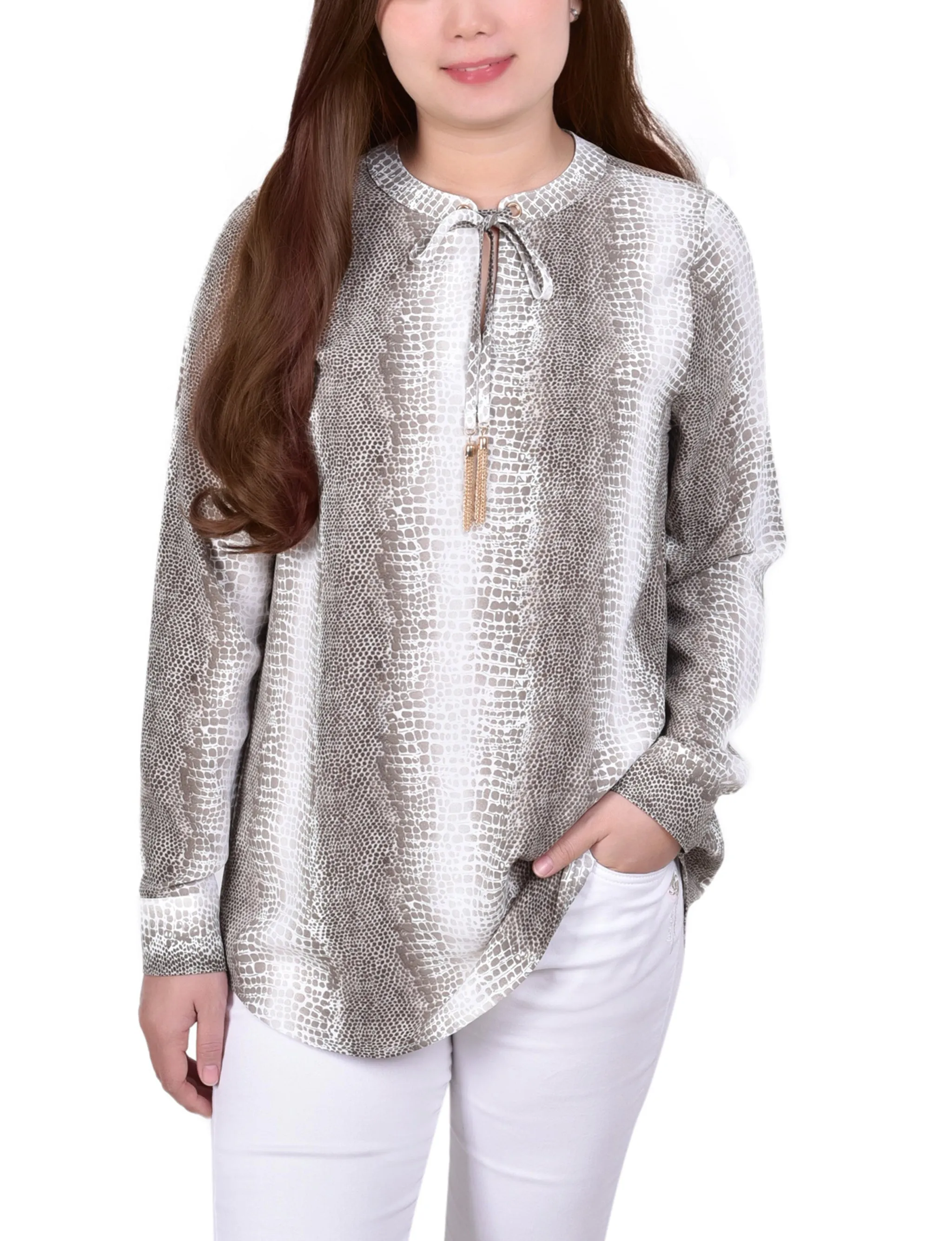 Blouse à col mandarin manches longues avec attaches à franges