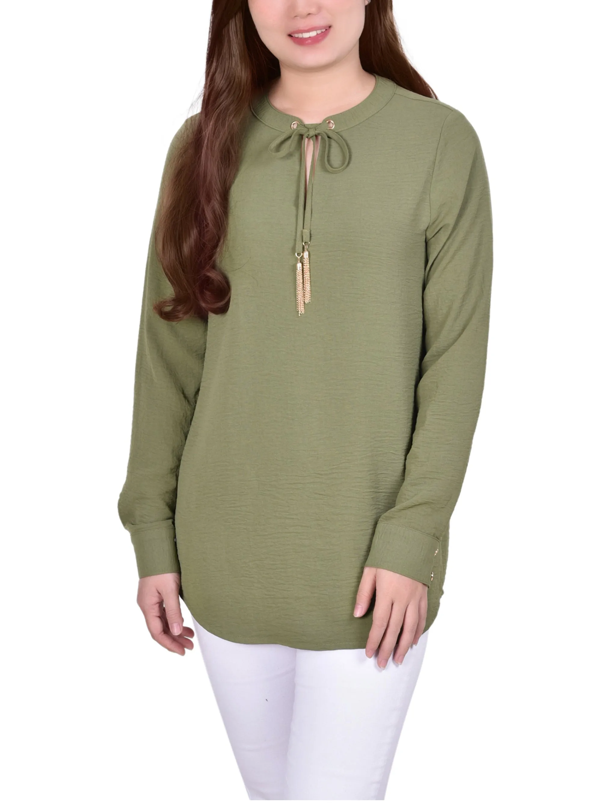 Blouse à col mandarin manches longues avec attaches à franges