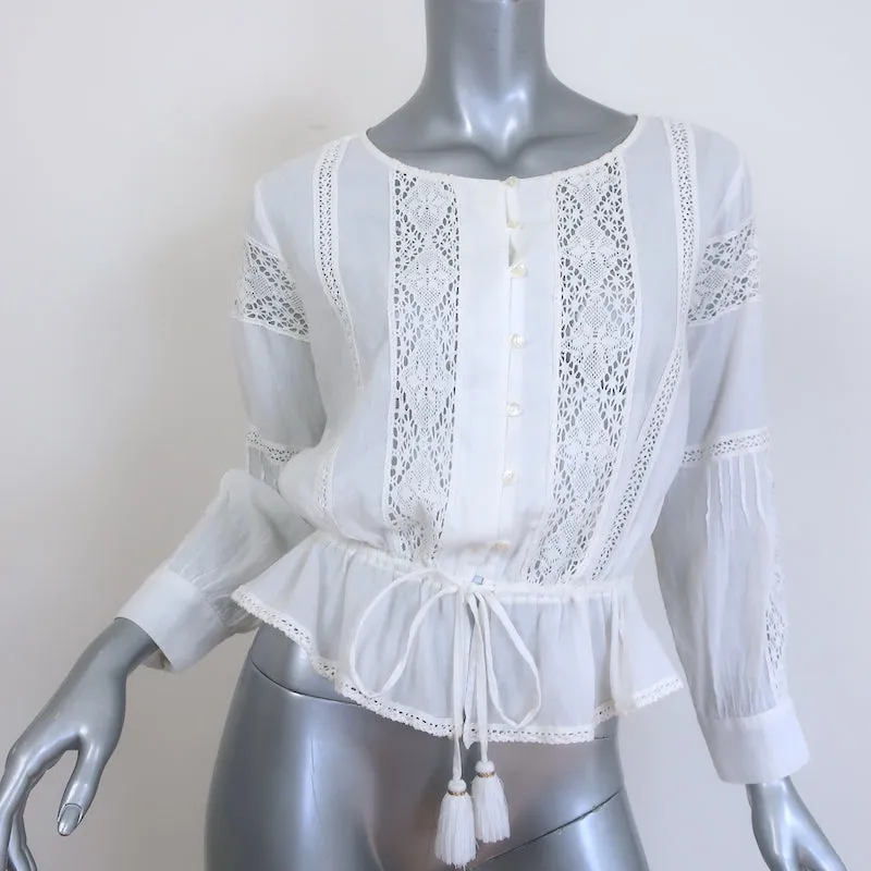 LoveShackFancy Haut à manches longues avec péplum en coton blanc garni de dentelle Taille S