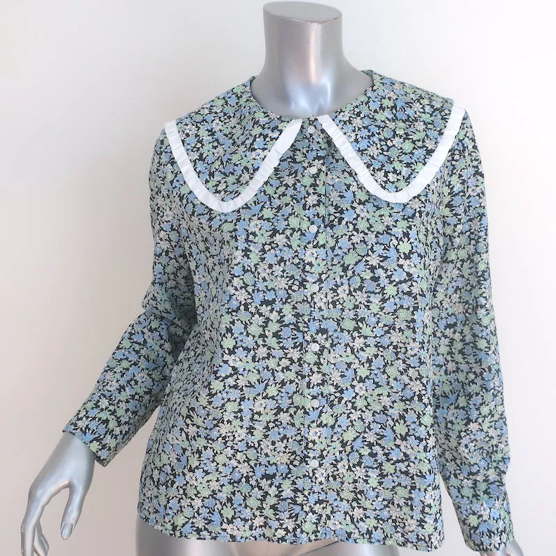 Maje Blouse à col volanté imprimé floral bleu en coton taille 3 manches longues