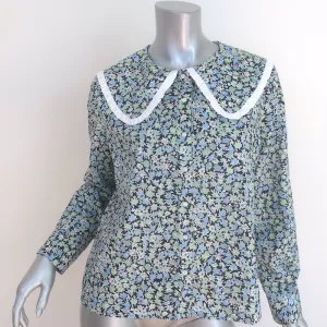 Maje Ruffled Collar Top Blue Floral Print Cotton Size 3 Long Sleeve Blouse