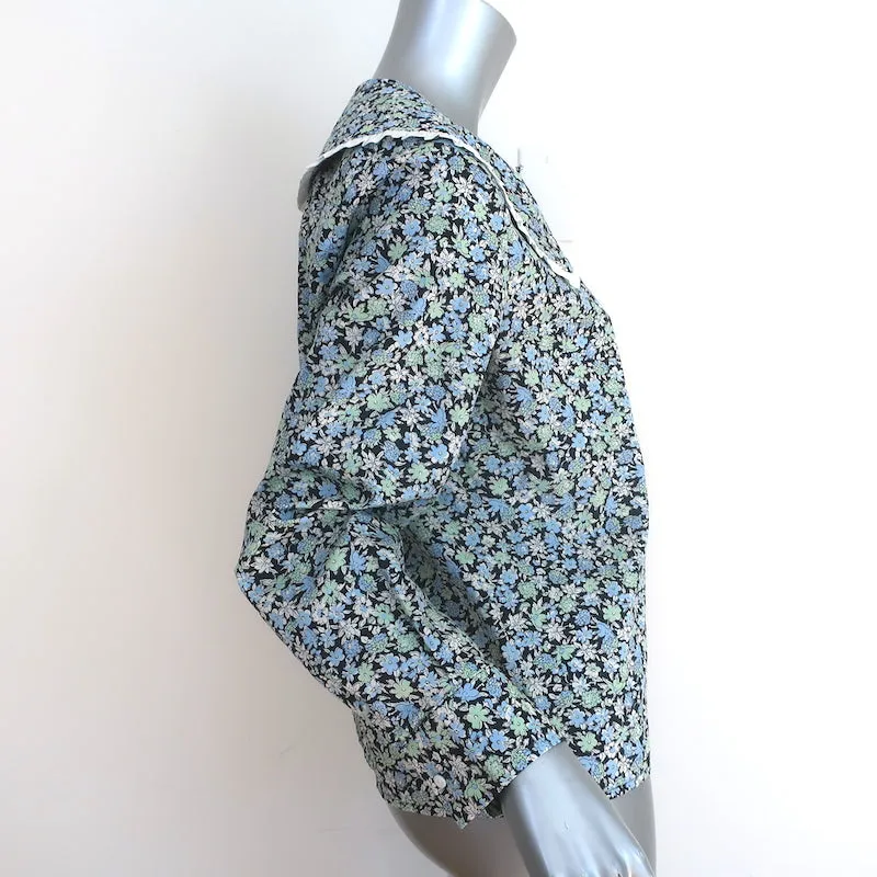 Maje Blouse à col volanté imprimé floral bleu en coton taille 3 manches longues