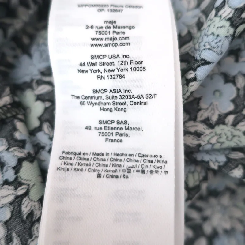 Maje Blouse à col volanté imprimé floral bleu en coton taille 3 manches longues