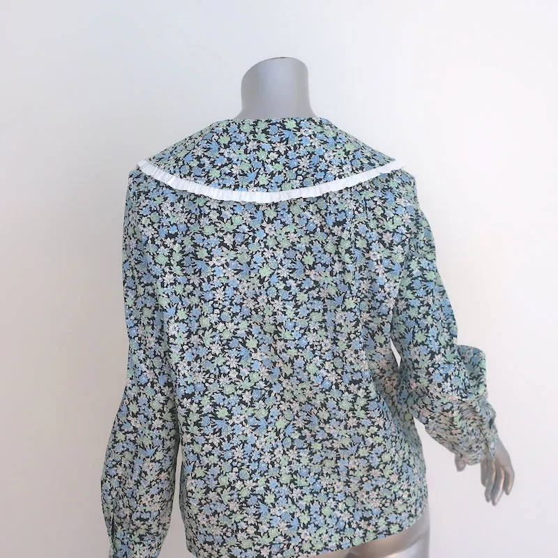 Maje Blouse à col volanté imprimé floral bleu en coton taille 3 manches longues